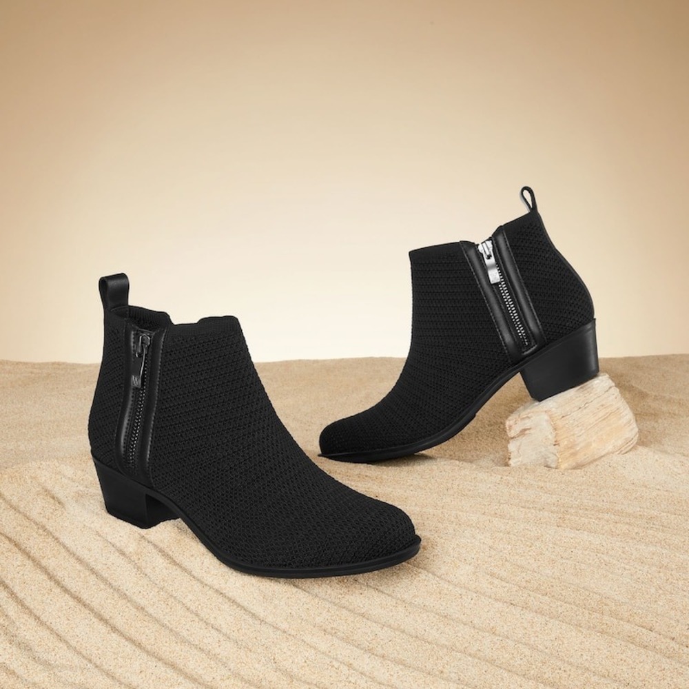 VIVAIA Black Knit Pointed Toe Zip Block Heel Ankle Boots Women Size US 7 EU 38